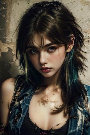 (masterpiece, best quality, highres:1.3), ultra resolution image, (1girl), (solo),  full body, (long hair:1.2), slanted eyes,Thin nose, Grunge style beautiful woman . Textured, distressed, vintage, edgy, punk rock vibe, dirty, noisy