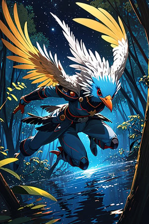 1cute bird monster,(high angle shot:1.5),
The illustration depicts a starry feathered bird. she tackle a night mangrove forest landscape with a marvelous flying maneuver. Dynamic forest background. The high-angle perspective adds a sense of drama and dynamism to the scene,newhorrorfantasy_style,action shot,scenery