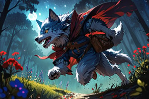 1cute wolf monster,(low angle shot:1.5),
The illustration depicts a starry fur litte wolf . Dons a cloak made of rich velvet embroidered with healing herbs, carries a pouch filled with medicinal plants and potions. she tackle a night ghastly forest landscape with a creeping running skill. The low-angle perspective adds a sense of drama and dynamism to the scene,newhorrorfantasy_style,action shot,scenery