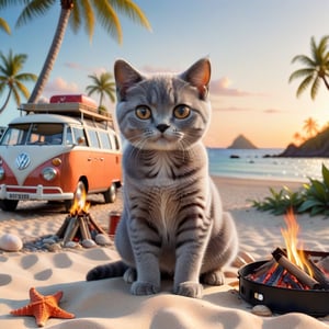 a cute little British shorthaired Kitty SITTING WITH A CAMP FIRE ON A PLAID, IN FRONT OF THE CLASSIC VW CAMPER VAN, LOVELY WELL-ARRANGED CAMPING ENVIROMENT (art, DETAILED textures, pure perfection, hIgh definition), detailed beach around , tiny delicate sea-shell, little delicate starfish, sea ,(very detailed TROPICAL hawaiian BAY BACKGROUND, SEA SHORE, PALM TREES, DETAILED LANDSCAPE, COLORFUL) (GOLDEN HOUR LIGHTING), delicate coral, sand piles,art_booster,stworki,DonMH010D15pl4yXL 