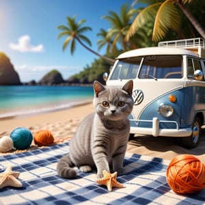((ultra realistic photo))  a cute little British shorthaired Kitty playing with a yarn ball ON A PLAID, IN FRONT OF THE CLASSIC VW CAMPER VAN, LOVELY WELL-ARRANGED CAMPING ENVIROMENT (art, DETAILED textures, pure perfection, hIgh definition), detailed beach around , tiny delicate sea-shell, little delicate starfish, sea ,(very detailed TROPICAL hawaiian BAY BACKGROUND, SEA SHORE, PALM TREES, DETAILED LANDSCAPE, COLORFUL) (GOLDEN HOUR LIGHTING), delicate coral, sand piles