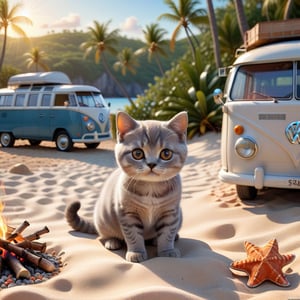 a cute little British shorthaired Kitty playing near A CAMP FIRE ON A PLAID, IN FRONT OF THE CLASSIC VW CAMPER VAN, LOVELY WELL-ARRANGED CAMPING ENVIROMENT (art, DETAILED textures, pure perfection, hIgh definition), detailed beach around , tiny delicate sea-shell, little delicate starfish, sea ,(very detailed TROPICAL hawaiian BAY BACKGROUND, SEA SHORE, PALM TREES, DETAILED LANDSCAPE, COLORFUL) (GOLDEN HOUR LIGHTING), delicate coral, sand piles,art_booster,stworki,DonMH010D15pl4yXL 