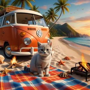 a cute little British shorthaired Kitty playing near A CAMP FIRE ON A PLAID, IN FRONT OF THE CLASSIC VW CAMPER VAN, LOVELY WELL-ARRANGED CAMPING ENVIROMENT (art, DETAILED textures, pure perfection, hIgh definition), detailed beach around , tiny delicate sea-shell, little delicate starfish, sea ,(very detailed TROPICAL hawaiian BAY BACKGROUND, SEA SHORE, PALM TREES, DETAILED LANDSCAPE, COLORFUL) (GOLDEN HOUR LIGHTING), delicate coral, sand piles,art_booster,stworki,DonMH010D15pl4yXL ,portraitart,fauna_portrait