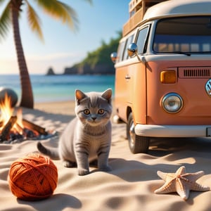 ((ultra realistic photo))  a cute little British shorthaired Kitty playing with a yarn ball near A CAMP FIRE ON A PLAID, IN FRONT OF THE CLASSIC VW CAMPER VAN, LOVELY WELL-ARRANGED CAMPING ENVIROMENT (art, DETAILED textures, pure perfection, hIgh definition), detailed beach around , tiny delicate sea-shell, little delicate starfish, sea ,(very detailed TROPICAL hawaiian BAY BACKGROUND, SEA SHORE, PALM TREES, DETAILED LANDSCAPE, COLORFUL) (GOLDEN HOUR LIGHTING), delicate coral, sand piles,art_booster,stworki,DonMH010D15pl4yXL ,portraitart,fauna_portrait