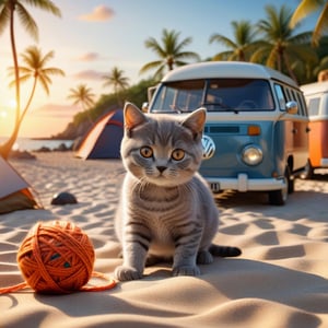 ((ultra realistic photo))  a cute little British shorthaired Kitty playing with a yarn ball near A CAMP FIRE ON A PLAID, IN FRONT OF THE CLASSIC VW CAMPER VAN, LOVELY WELL-ARRANGED CAMPING ENVIROMENT (art, DETAILED textures, pure perfection, hIgh definition), detailed beach around , tiny delicate sea-shell, little delicate starfish, sea ,(very detailed TROPICAL hawaiian BAY BACKGROUND, SEA SHORE, PALM TREES, DETAILED LANDSCAPE, COLORFUL) (GOLDEN HOUR LIGHTING), delicate coral, sand piles,art_booster,stworki,DonMH010D15pl4yXL ,portraitart,fauna_portrait,Dark Majic
