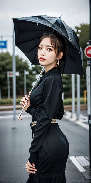 A stunning photorealistic masterpiece, 'Rainy Night Serenade', featuring a captivating Japanese beauty clad in a sleek black dress, dramatically posed beneath a vibrant green umbrella. She stands next to busstop.. Framed against a misty cityscape at dusk, the subject's delicate features and intricate accessories are meticulously rendered in ultra-detailed 8K resolution, perfect for an awe-inspiring desktop wallpaper.,Japanese,idol