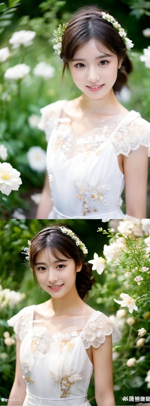 A 16-year-old Japanese beauty,in the flowers.Turn slightly, white chiffon  dress,  beauty