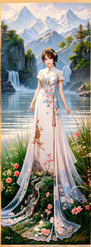 A 26-year-old Japanese beauty,in the flowers.Turn slightly, landscape painting
 dress,  beauty,
