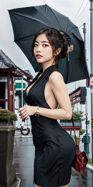 A stunning photorealistic masterpiece,  featuring a captivating Japanese beauty clad in a sleek black dress, dramatically posed beneath a vibrant green umbrella. She stands next to busstop.. Framed against a misty cityscape at dusk, the subject's delicate features and intricate accessories are meticulously rendered in ultra-detailed 8K resolution, perfect for an awe-inspiring desktop wallpaper.,Japanese,idol