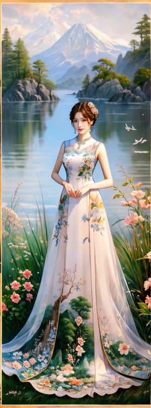 A 39-year-old Japanese beauty,in the flowers.Turn slightly, landscape painting
 dress, beauty
