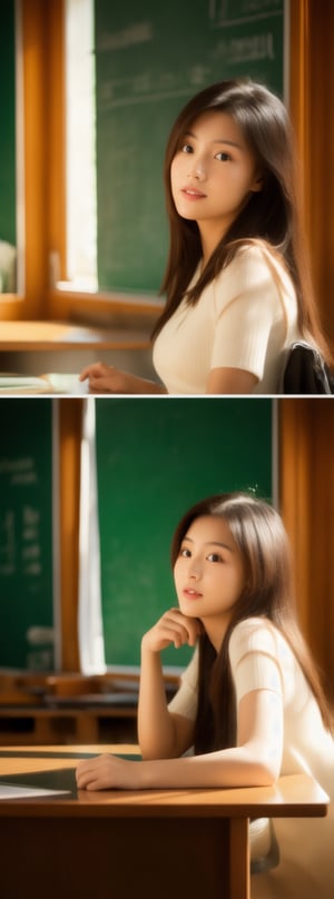 1girl, standing inside college classroom (behind a desk:1.3), (window to her side:1.2), (sunlight falling on her face:1.1),  (white  Chiffon), (full body:1.1), (photorealistic:1.4), (masterpiece:1.0), full face visible, fashionable, 8k, intricate details, lifelike texture, beautiful face, perfect female body, realistic features, perfect face, beautiful face, beautiful eyes, beautiful lips, realistic lips, realistic fingers, sharp focus, (classroom setting:1.3), classroom background,beauty,pretty girl,idol