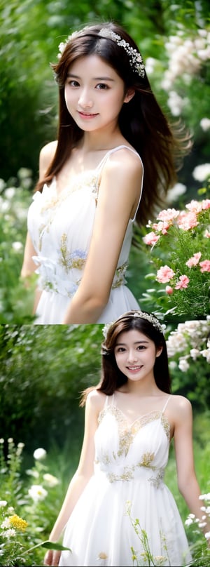 A 16-year-old Japanese beauty,in the flowers.Turn slightly, white chiffon 
 dress,  beauty