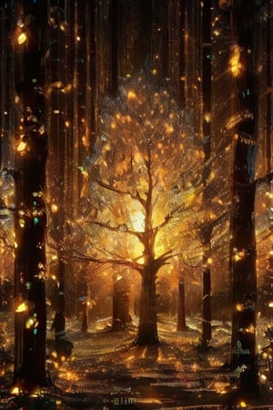forest, codes and algorithms, leaf, information node, shining with light, encyclopedia,glowing gold