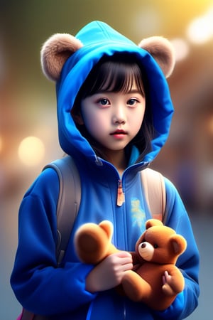 best quality, masterpiece, beautiful and aesthetic, vibrant color, Exquisite details and textures,  Warm tone, ultra realistic illustration,	(cute asian girl, 7year old:1.5),	(The milky way theme:1.4),	cute eyes, big eyes,	(a chic look:1.1),	16K, (HDR:1.4), high contrast, bokeh:1.2, lens flare,	siena natural ratio, children's body, anime style, 	head to thigh portrait,	very long Straight black hair with blunt bangs,	wearing a bear hood, holding a bear doll, shorts, turtleneck,	ultra hd, realistic, vivid colors, highly detailed, UHD drawing, perfect composition, beautiful detailed intricate insanely detailed octane render trending on artstation, 8k artistic photography, photorealistic concept art, soft natural volumetric cinematic perfect light. 