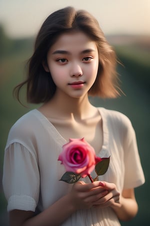 The photo captures an 18-year-old girl delicately holding a vibrant rose flower. Her face shows a mix of innocence and contemplation, with a hint of a shy smile. The soft natural light enhances the subtle beauty of her features, casting a gentle glow on her skin. The weather appears to be sunny, with a slight breeze gently tousling her hair. The overall mood of the image is serene and dreamy, evoking a sense of youth and romance.