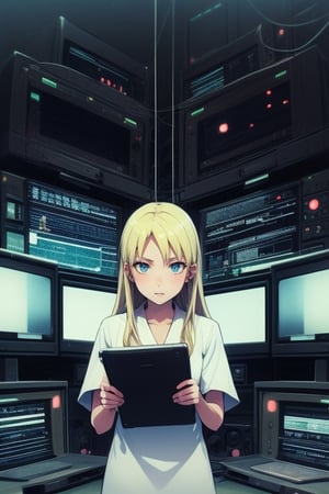 Depressive Machines, 1girl, green lighting, televisions everywhere, cables everywhere, naruko_jutsu_sexy, blonde hair