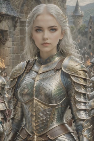 full body of a beautiful women paladin, heroic pose, long floating white hair, dark eyebrows, dark makeup, ages 35, low neck, white and gold plate armor, medieval armor, floating cape, plate pants, strong face, detailed eyes, bright blue eyes, positive but serious attitude, full body