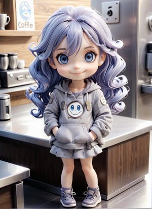 1girl, solo, chibi, full body, looking at viewer, smiley face, blue eyes,  long hair, violet hair, Grey casual wear, Have coffee at the coffee bar.