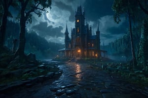 Masterpiece, stopmotion, boxtrolls style, wide angle, wide angle, wide angle --ar 16:9 -- 4k, ultra-detailed, chiaroscuro lighting, Wide angle shot of an overcast night sky, heavy rain with lightning and the full moon shines surrounded by black clouds, a rock path is seen in the middle of a large wooded swamp, A grand Victorian gothic mansion with pointed arches gargoyles and electric towers on the roof.,SP style,gloomy