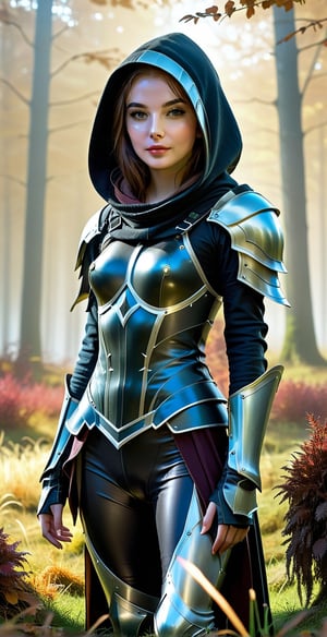 A bright girl with an ultra-realistic body, an ultra-realistic eighteen-year-old girl on the grass in full growth, an autumn mysterious, fabulous forest, the fantastic beauty of a dark fantasy. She is wearing an assassin's armor with a hood, an ultra-detailed fabulous image in 8K resolution, translucent and unearthly, a bioluminescent forest is visible, a full-length front view.
