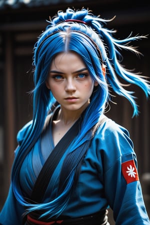 a Japanese ninja girl, long blue fire hair, high quality, high resolution, high precision, realism, color correction, proper lighting settings, harmonious composition,("SENO ISBIR")