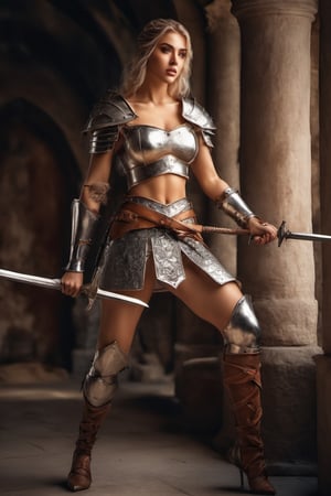 A beautiful medieval warrior woman, full body, sexy pose, natural light, high detailed, 8k, Masterpiece