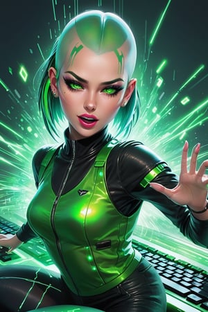 hacker with a shaved head and vibrant green streaks dyed into her remaining hair. Her fingers fly across a holographic keyboard, cracking the secure mainframe of a virtual world. A defiant smirk dances on her lips, her expression a mix of mischief and exhilaration.
