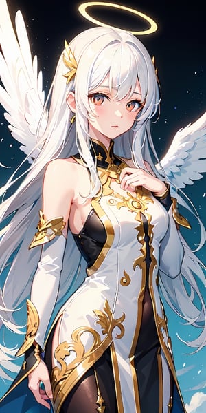 ****, illustration,heaven background, 1girl, white hair, golden eyes, long hair, halo, angel wings, serene expression, looking at viewer