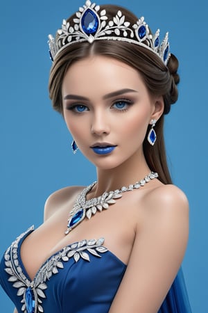 stunning ice queen, dressed in a blue gown, adorned in jewels, perfect face,DonMB4nsh33XL
