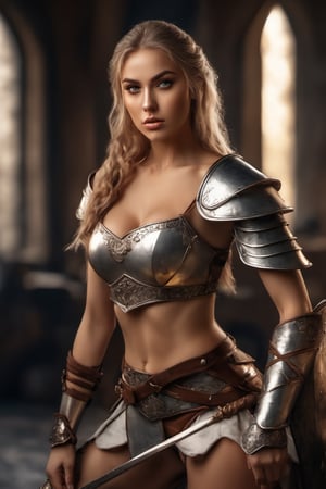 A beautiful medieval warrior woman, full body, sexy pose, natural light, high detailed, 8k, Masterpiece