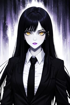 Close-up, a strikingly pale twenty-year-old woman with long straight black hair, styled with French bangs. Her piercing yellow eyes and her purple lips create an aura of mystery and danger. She is dressed in a suit and tie, which adds a touch of elegance to her overall dark appearance. This image is reminiscent of the cover of a thriller novel
