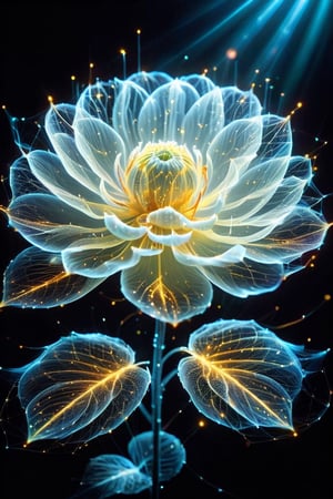 In the dim shadows,hologram dahlia of shimmering gold bursts forth, each petal aglow with an ethereal luminescence, Its radiant hue casts a warm, inviting glow, infusing the surrounding darkness with a touch of celestial splendor, With each delicate fold, the flower emanates a soft, pulsating light, ,noc-wfhlgr,Color Splash