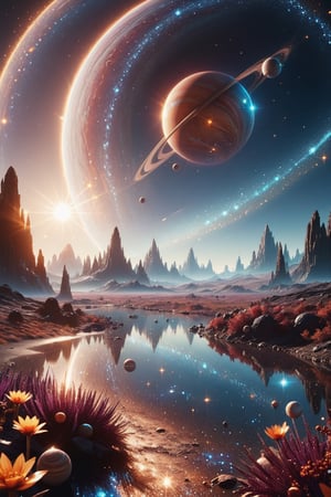 Stunning cosmic journey, ultra realistic stars and planets, intricate details of fantasy landscapes and background elements, highlighted by mesmerizing lens flares. 32K,Extremely Realistic,glitter