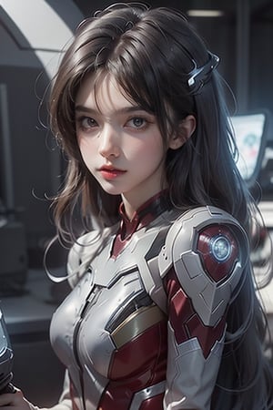 In a modern technology laboratory, a young girl wears Iron Man's armor, but she doesn't wear a helmet. Her armor exudes a metallic sheen, displaying the power and advanced design of futuristic technology.

The girl's figure is slender, but after wearing armor, she looks more determined and powerful. Her eyes are full of confidence and determination, as if declaring her brave pursuit and challenge for the future.

The chest and shoulders of the armor are decorated with blue lights, showing that the energy source inside the armor is running, providing her with great strength and protection. Equipped with armored controllers on her arms, she's ready to take on any challenge.

Around her, various equipment and screens in the technology laboratory emit a blue light, creating a sense of modernity and technology. Wearing Iron Man's armor, this girl seemed to show her future potential and power, attracting everyone's attention and becoming a new star in the world of technology.

This scene shows a strong and confident girl wearing Iron Man's armor, showing her confidence and courage for the future. Her dress not only demonstrates her love and pursuit of technology, but also expresses her confidence and expectations for the infinite possibilities of her future.,mecha