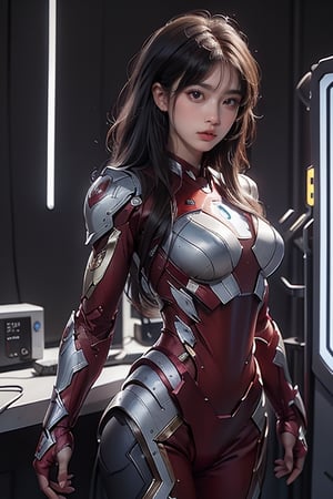 In a modern technology laboratory, a young girl wears Iron Man's armor, but she doesn't wear a helmet. Her armor exudes a metallic sheen, displaying the power and advanced design of futuristic technology.

The girl's figure is slender, but after wearing armor, she looks more determined and powerful. Her eyes are full of confidence and determination, as if declaring her brave pursuit and challenge for the future.

The chest and shoulders of the armor are decorated with blue lights, showing that the energy source inside the armor is running, providing her with great strength and protection. Equipped with armored controllers on her arms, she's ready to take on any challenge.

Around her, various equipment and screens in the technology laboratory emit a blue light, creating a sense of modernity and technology. Wearing Iron Man's armor, this girl seemed to show her future potential and power, attracting everyone's attention and becoming a new star in the world of technology.

This scene shows a strong and confident girl wearing Iron Man's armor, showing her confidence and courage for the future. Her dress not only demonstrates her love and pursuit of technology, but also expresses her confidence and expectations for the infinite possibilities of her future.,mecha
