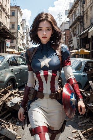 Female Captain America, (without shield), mechanical ruins in the background