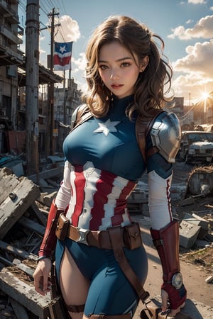 ((without shield)), female Captain America, with mechanical ruins in the background
