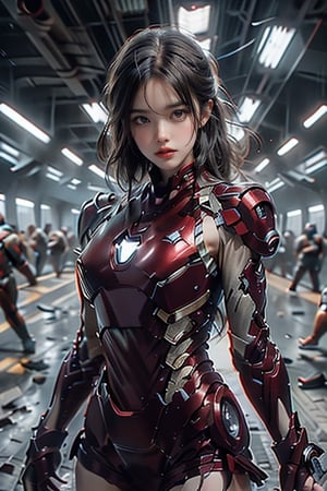 In a modern technology laboratory, a young girl wears Iron Man's armor, but she doesn't wear a helmet. Her armor exudes a metallic sheen, displaying the power and advanced design of futuristic technology.

The girl's figure is slender, but after wearing armor, she looks more determined and powerful. Her eyes are full of confidence and determination, as if declaring her brave pursuit and challenge for the future.

The chest and shoulders of the armor are decorated with blue lights, showing that the energy source inside the armor is running, providing her with great strength and protection. Equipped with armored controllers on her arms, she's ready to take on any challenge.

Around her, various equipment and screens in the technology laboratory emit a blue light, creating a sense of modernity and technology. Wearing Iron Man's armor, this girl seemed to show her future potential and power, attracting everyone's attention and becoming a new star in the world of technology.background blur

This scene shows a strong and confident girl wearing Iron Man's armor, showing her confidence and courage for the future. Her dress not only demonstrates her love and pursuit of technology, but also expresses her confidence and expectations for the infinite possibilities of her future.,mecha,crouching on the ground,xuer pistol