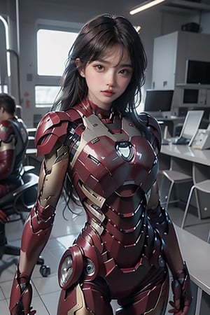 In a modern technology laboratory, a young girl wears Iron Man's armor, but she doesn't wear a helmet. Her armor exudes a metallic sheen, displaying the power and advanced design of futuristic technology.

The girl's figure is slender, but after wearing armor, she looks more determined and powerful. Her eyes are full of confidence and determination, as if declaring her brave pursuit and challenge for the future.

The chest and shoulders of the armor are decorated with blue lights, showing that the energy source inside the armor is running, providing her with great strength and protection. Equipped with armored controllers on her arms, she's ready to take on any challenge.

Around her, various equipment and screens in the technology laboratory emit a blue light, creating a sense of modernity and technology. Wearing Iron Man's armor, this girl seemed to show her future potential and power, attracting everyone's attention and becoming a new star in the world of technology.background blur

This scene shows a strong and confident girl wearing Iron Man's armor, showing her confidence and courage for the future. Her dress not only demonstrates her love and pursuit of technology, but also expresses her confidence and expectations for the infinite possibilities of her future.,mecha