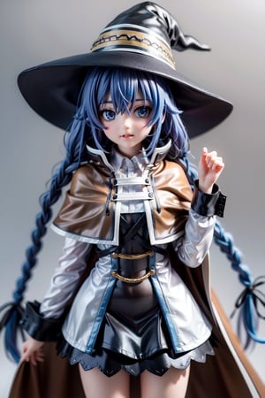 1girl, (witch hat), (blue hair), (long hair), (double braids), (headband), (blue eyes), (brown cloak), (long sleeves), (black skirt)