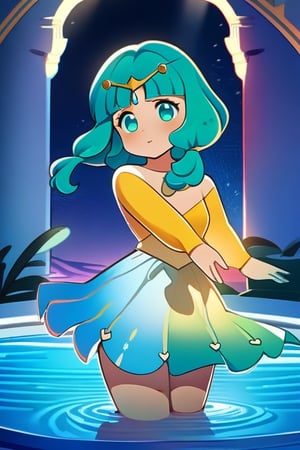 nilou(genshin impact), truly beautiful girl, perfect face, wet glittering green hair, brilliant jewelry eyes, slender body, wearing well designed yellow dress,
playing in a night oasis, wet, splash water, dancing, turning, having fun,
open air, marvelous nightscape, brilliant blue moonlight, twinkling stars, breeze, transparent water, reflection, fluttering hair, fluttering skirt,soon sunrise,
{(masterpiece, best quality), (absurdres absolutely resolution), (8k), (detailed illustration), (super fine illustration), (vibrant colors), (professional lighting), detailed beatiful face, detailed beatiful eyes, detailed beatiful hair, nice hands, perfect hands, detailed background, dynamic pose, dutch angle, cowboy shot, (shooting from front:1.4)},shine colorful, , full body,toon,petite,highres