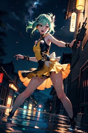 nilou(genshin impact), truly beautiful girl, perfect face, wet glittering green hair, brilliant jewelry eyes, slender body, wearing well designed yellow dress,
playing in a night oasis, wet, splash water, dancing, turning, having fun,
open air, marvelous nightscape, brilliant blue moonlight, twinkling stars, breeze, transparent water, reflection, fluttering hair, fluttering skirt,soon sunrise,
{(masterpiece, best quality), (absurdres absolutely resolution), (8k), (detailed illustration), (super fine illustration), (vibrant colors), (professional lighting), detailed beatiful face, detailed beatiful eyes, detailed beatiful hair, nice hands, perfect hands, detailed background, dynamic pose, dutch angle, cowboy shot, (shooting from front:1.4)},shine colorful, , full body,toon,petite,highres
