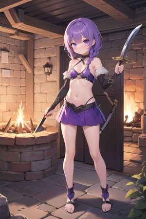 masterpiece, best quality, ultra-detailed, illustration, beautiful detailed eyes, 1girl, thin belly, bareshoulder, violet microskirt,purple braid hair, background is a cosy living with firepit,  warrior, holding sword, smallbreast,full body, ontdoor, cave,