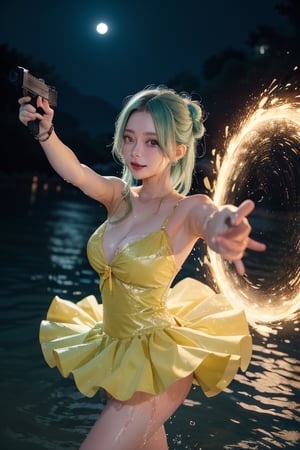 nilou(genshin impact), truly beautiful girl, perfect face, wet glittering green hair, brilliant jewelry eyes, slender body, wearing well designed yellow dress,
playing in a night oasis, wet, splash water, dancing, turning, having fun,
open air, marvelous nightscape, brilliant blue moonlight, twinkling stars, breeze, transparent water, reflection, fluttering hair, fluttering skirt,soon sunrise,
{(masterpiece, best quality), (absurdres absolutely resolution), (8k), (detailed illustration), (super fine illustration), (vibrant colors), (professional lighting), detailed beatiful face, detailed beatiful eyes, detailed beatiful hair, nice hands, perfect hands, detailed background, dynamic pose, dutch angle, cowboy shot, (shooting from front:1.4)},shine colorful, , full body