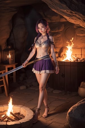 masterpiece, best quality, ultra-detailed, illustration, beautiful detailed eyes, 1girl, thin belly, bareshoulder, violet microskirt,purple braid hair, background is a cosy living with firepit,  warrior, holding sword, smallbreast,full body, ontdoor, cave,