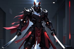 ,BLACK,RED, SAYBER 
HALF PERSON HALF WOLF , IS STANDING. LIGHTS REFLECT FROM THE SWORD HELD IN BOTH HANDS,exosuit,Fire Angel Mecha,Golden Warrior Mecha,cyborg style
