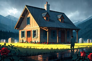 Rainy day, fields, A kneeling man , blue tones, simple wooden house, tombstone, midnight, roses, dead trees, dark blue sky, Klein blue,Mountain road, near the mountain, close view