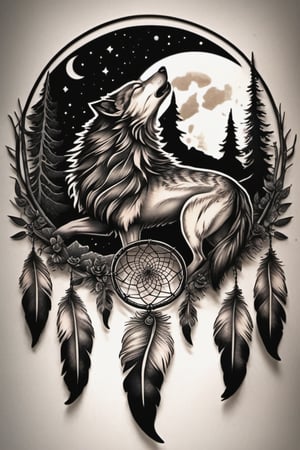 A tattoo design where the dreamcatcher forms the body of a wolf, howling at the moon, with detailed feathers hanging from the dreamcatcher's web, set against a dark night sky speckled with stars.