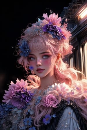 Teen girl with cornflowerblue long faux hawk hair, Hyperrealistic train carriage detailed with blooming flowers,ethereal cloud animals with shimmering outlines,passengers gazing in awe,vast sky with swirling galaxies,cosmic colors (purples, blues, pinks),dramatic lighting,mystical atmosphere
,Expressiveh,concept art,dark theme,Mysticstyle,midjourney,fashion_girl