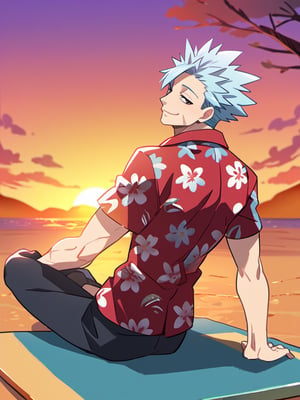 1boy, solo, male focus, official art, best quality, amazing quality, best aesthetic, absurdres, ban_nanatsu_no_taizai, blue hair, spiked hair, scar, back view, sunset, relaxed, smile, looking at sunset, hawaiian shirt, sitting on mat